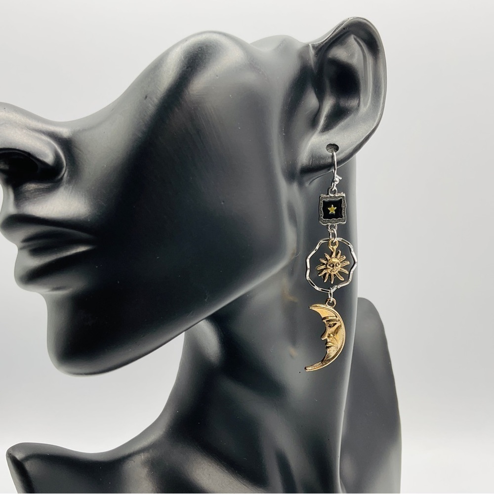 Sun Moon Star Earrings Long Dangle Drop Silver Gold Tone Gift Festival Celestial